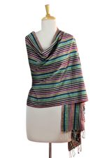 Silk shawl, 'Colors of Patna' - Colorful Striped Silk Shawl Hand Woven in India