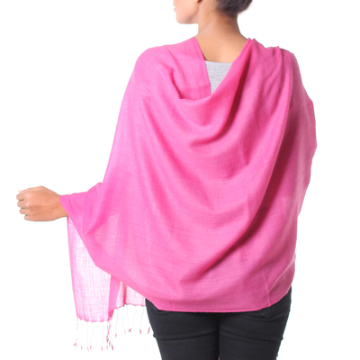 Wool and silk blend shawl, 'Cheerful Rose' - Deep Rose Pink Wool and Silk Blend Wrap for Women