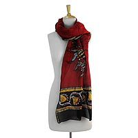 Cotton and silk blend scarf, 'Passionate Blossom' - Cotton and Silk Blend Floral Scarf in Red Brown and Yellow