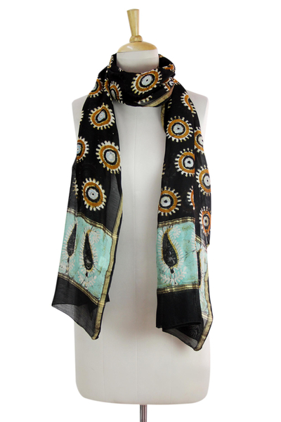 Cotton and silk blend scarf, 'Midnight Stars' - Artisan Crafted Batik Scarf in Cotton and Silk Blend