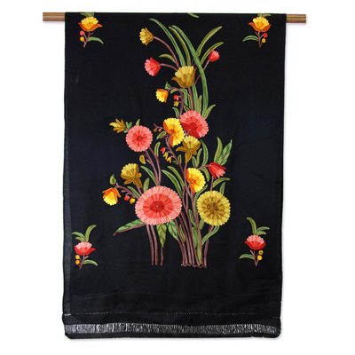 Mantón de lana bordado - Mantón tejido de lana negra con bordado floral multicolor