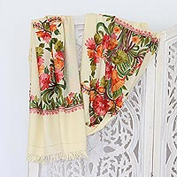 Embroidered wool shawl, 'Morning Greeting' - Multicolored Floral Embroidered Shawl on Ivory Wool