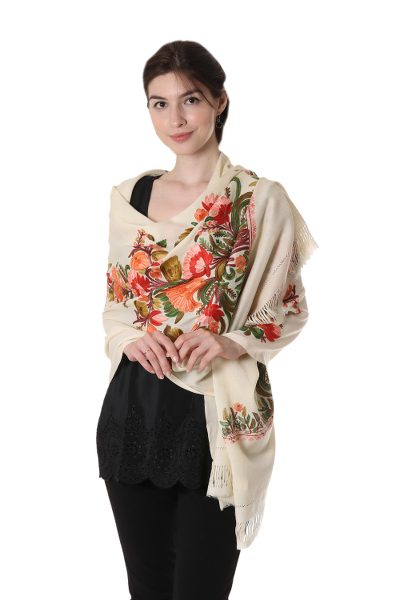 Embroidered wool shawl, 'Morning Greeting' - Multicolored Floral Embroidered Shawl on Ivory Wool