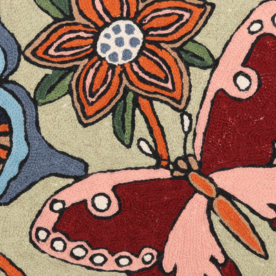 Wool chain stitch rug, 'Dancing Butterflies' (2x3) - Multicolor Wool Chain Stitch Rug with Butterfly Theme (2x3)