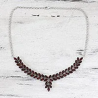 Garnet pendant necklace, 'Crimson Princess' - Garnet and Sterling Silver Statement Necklace from India