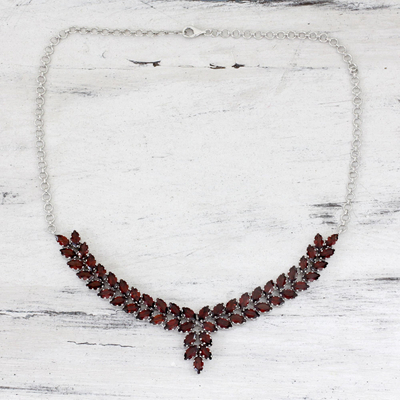 Garnet pendant necklace, 'Crimson Princess' - Garnet and Sterling Silver Statement Necklace from India