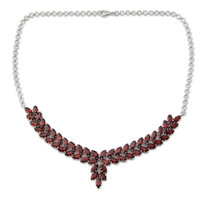 Garnet pendant necklace, 'Crimson Princess' - Garnet and Sterling Silver Statement Necklace from India
