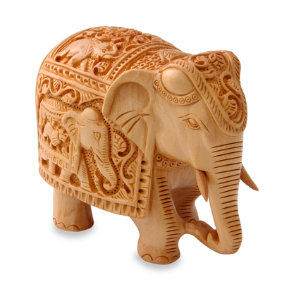 Escultura de madera, 'Paz y Armonía - Escultura de elefante de madera meticulosamente tallada de la India