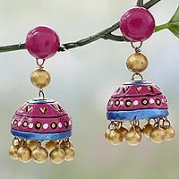 Ceramic dangle earrings, 'Pink Harmony' - Handcrafted Ceramic Dangle Earrings in Pink and Gold