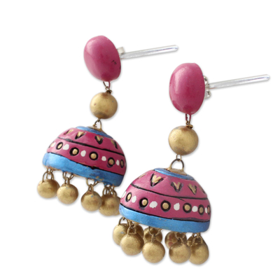 Ceramic dangle earrings, 'Pink Harmony' - Handcrafted Ceramic Dangle Earrings in Pink and Gold