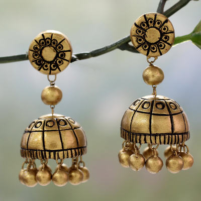 Ceramic dangle earrings, 'Golden Chakra' - Handmade Ceramic Chakra Earrings in Gold Color