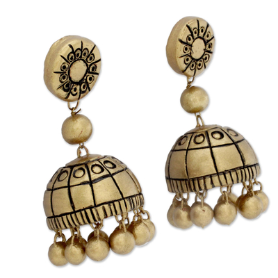 Ceramic dangle earrings, 'Golden Chakra' - Handmade Ceramic Chakra Earrings in Gold Color