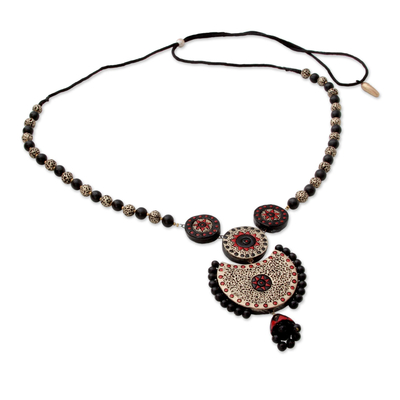 Ceramic pendant necklace, 'Divine Galaxy' - Unique Handpainted Terracotta Necklace from India