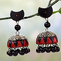 Ceramic dangle earrings, 'Divine Galaxy' - Black and Red Handmade Terracotta Ceramic Earrings