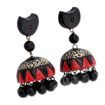 Ceramic dangle earrings, 'Divine Galaxy' - Black and Red Handmade Terracotta Ceramic Earrings