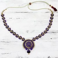 Ceramic pendant necklace, 'Iris Chakra' - Blue Violet and Gold Ceramic Pendant Necklace from India