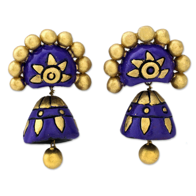 Ohrhänger aus Keramik - Ohrhänger aus goldener und violetter Keramik aus Indien
