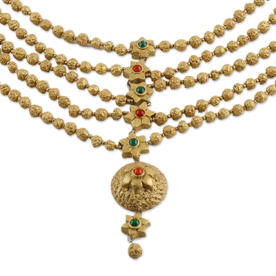 Ceramic pendant necklace, 'Ancient Treasure' - Multi Strand Beaded Ceramic Necklace in Gold Color