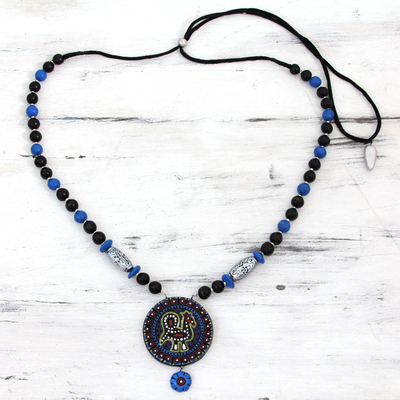 Ceramic pendant necklace, 'Peacock Flair' - Blue and Black Hand Painted Ceramic Pendant Necklace