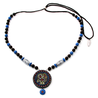 Ceramic pendant necklace, 'Peacock Flair' - Blue and Black Hand Painted Ceramic Pendant Necklace