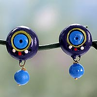 Ceramic dangle earrings, 'Indigo Harmony' - Artisan Hand Painted Blue Terracotta Dangle Earrings