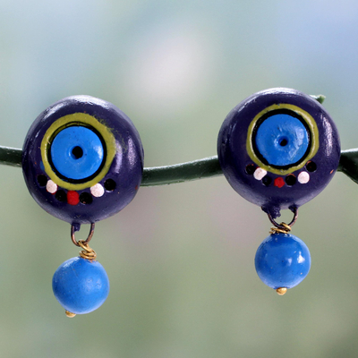 Keramik-Ohrringe, „Indigo Harmony“ – handbemalte blaue Terrakotta-Ohrringe