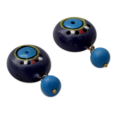 Ceramic dangle earrings, 'Indigo Harmony' - Artisan Hand Painted Blue Terracotta Dangle Earrings