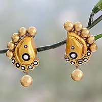 Ceramic dangle earrings, 'Golden Paisley Glamour' - Hand Painted Golden Ceramic Earrings in Paisley Shape