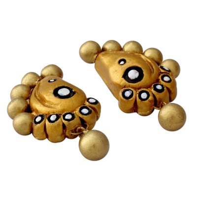 Ceramic dangle earrings, 'Golden Paisley Glamour' - Hand Painted Golden Ceramic Earrings in Paisley Shape
