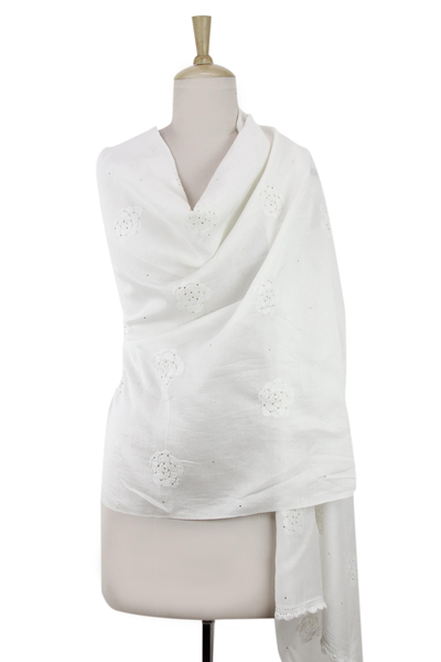 Cotton and silk shawl, 'White Rose' - India Hand Embroidered White Shawl with Roses
