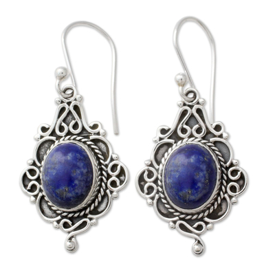 Lapis lazuli dangle earrings, 'Sky Symphony' - Ornate Sterling Silver and Lapis Lazuli Earrings