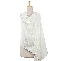 Cotton and silk shawl, 'White Fern Forest' - Fern Motif White on White Cotton Embroidery Shawl