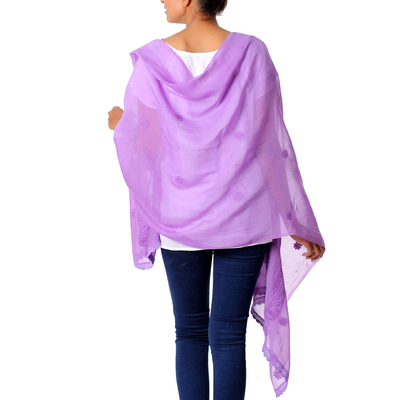 Chal de algodón y seda - Mantón bordado a mano de paisley púrpura de la India