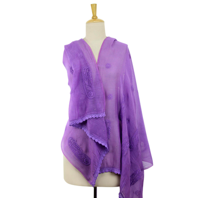 Cotton and silk shawl, 'Chikankari Purple Paisley' - India Purple Paisley Hand Embroidered Shawl