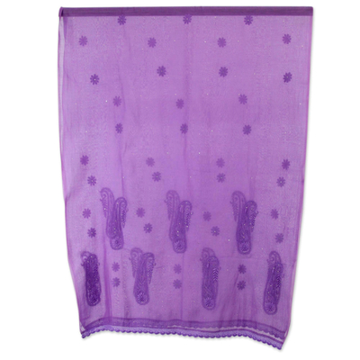 Schal aus Baumwolle und Seide - Indischer handbestickter Schal mit Paisley-Muster in Lila