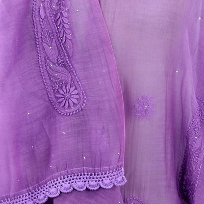 Chal de algodón y seda - Mantón bordado a mano de paisley púrpura de la India