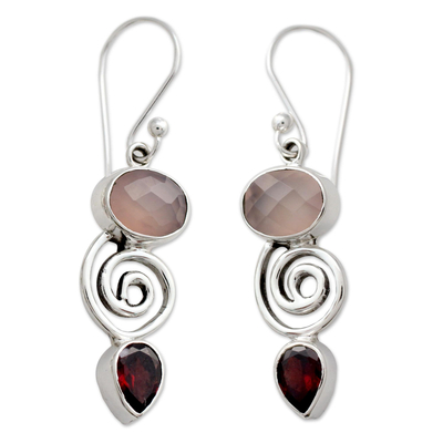 Garnet and rose quartz dangle earrings, 'Romantic Journey' - Silver Dangle Earrings with Rose Quartz and Garnet Stones
