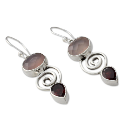 Garnet and rose quartz dangle earrings, 'Romantic Journey' - Silver Dangle Earrings with Rose Quartz and Garnet Stones