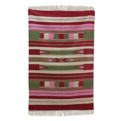 Red and Pink Handwoven Dhurrie Rug with Green Accents