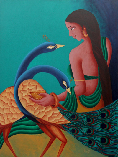 'Parineeta' - Signed Acrylic Painting of Woman with Peacocks
