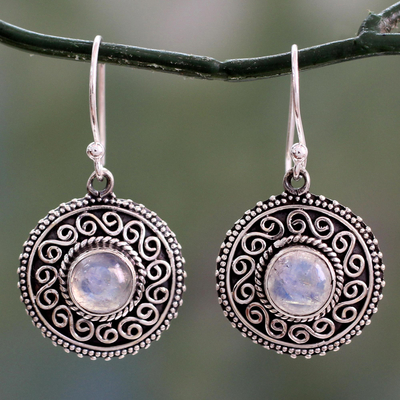 Rainbow moonstone dangle earrings, 'Moonlight Mandala' - Rainbow Moonstone Earrings with Oxidized Silver Accents