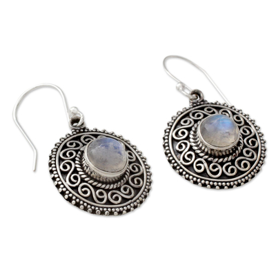 Rainbow moonstone dangle earrings, 'Moonlight Mandala' - Rainbow Moonstone Earrings with Oxidized Silver Accents