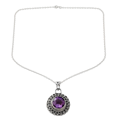 Amethyst pendant necklace, 'Maharashtra Princess' - Ornate Sterling Silver and Amethyst Pendant Necklace