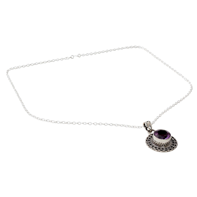 Amethyst pendant necklace, 'Maharashtra Princess' - Ornate Sterling Silver and Amethyst Pendant Necklace