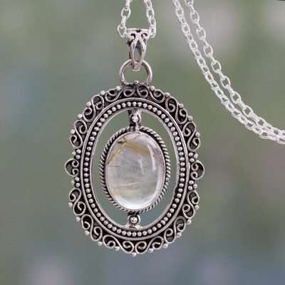Rutile quartz pendant necklace. 'Venus Hair' - Sterling Silver Pendant Necklace with Rutile Quartz Cabochon