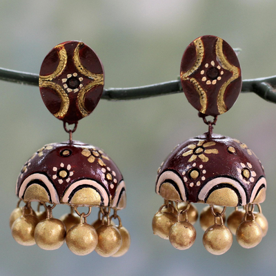 Ceramic dangle earrings, 'Chocolate Kiss' - Artisan Crafted Brown and Gold Ceramic Dangle Earrings