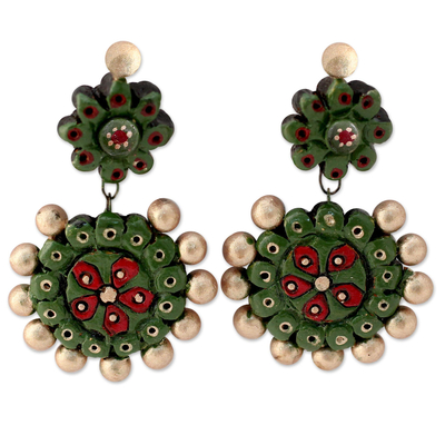 Ceramic dangle earrings, 'Woodland Wonder' - Green and Gold Ceramic Dangle Earrings from India