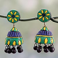 Ceramic dangle earrings, 'Festive Sunflowers' - Unique Ceramic Dangle Earrings Handmade in India