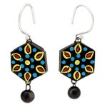 Ceramic dangle earrings, 'Mughal Midnight' - Handmade Black and Multicolor Ceramic Dangle Earrings