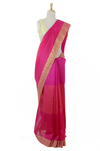 Bright Pink Cotton and Silk Blend Sari with Golden Borders